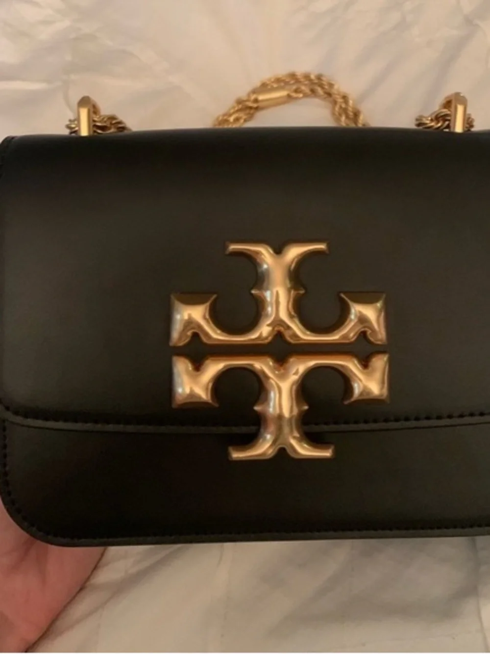 Tory Burch Black Leather Shoulder Bag with Gold Logo